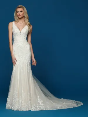 Davinci Bridal 50633 Long Lace Fit & Flare Wedding Dress Train Sheer Open Back Gown