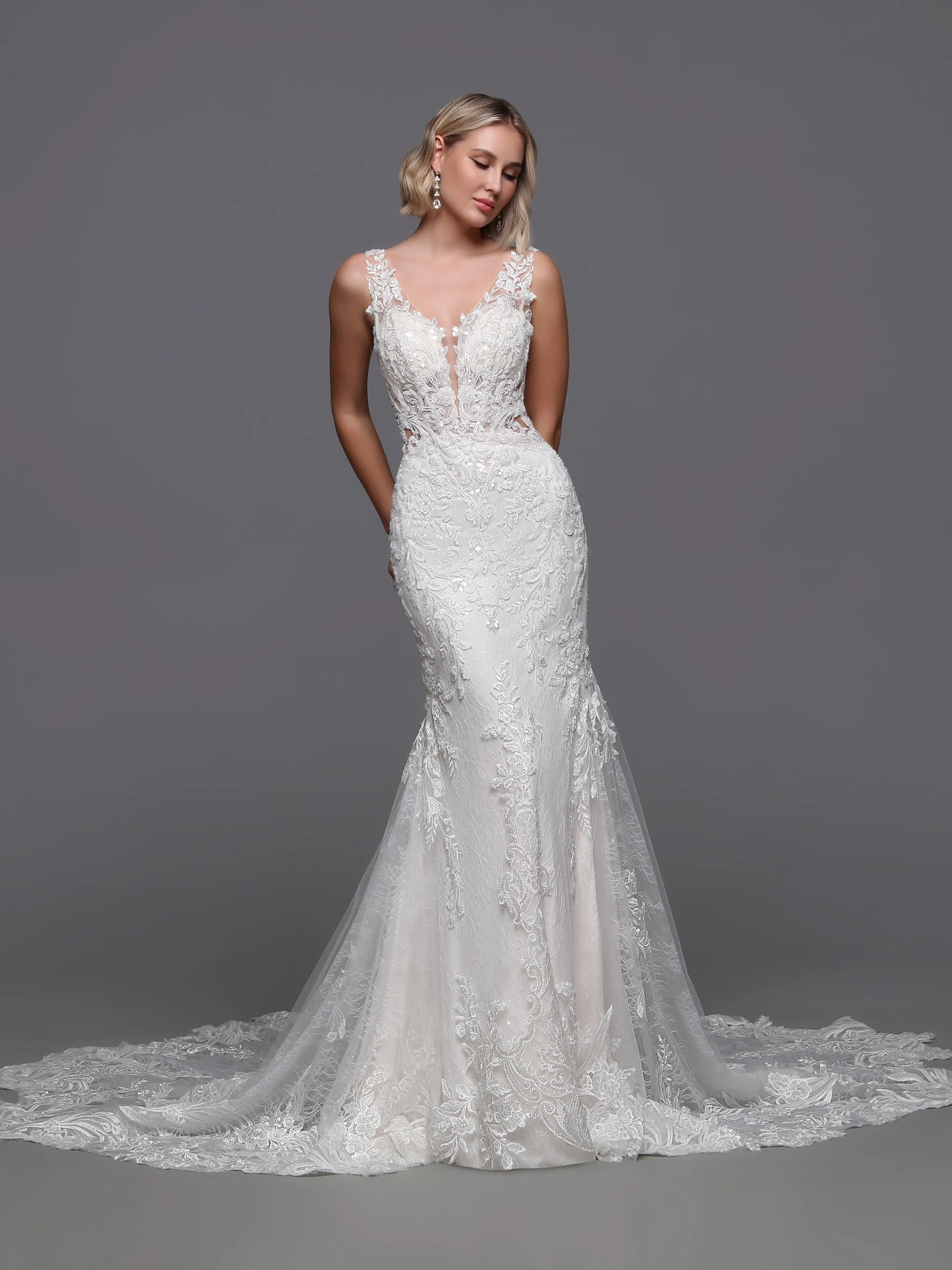 Davinci Bridal 50894 Beaded Lace Mermaid Wedding Dress Long Sleeve Sheer Backless