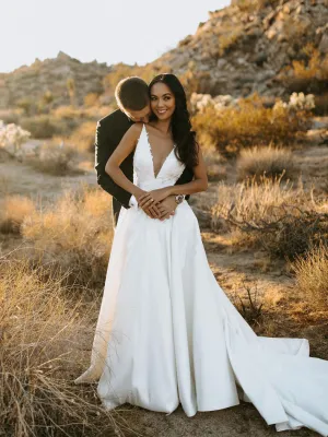 Elegant Deep V-neckline Appliqued Satin Chapel Train A-line Wedding Dresses WD587