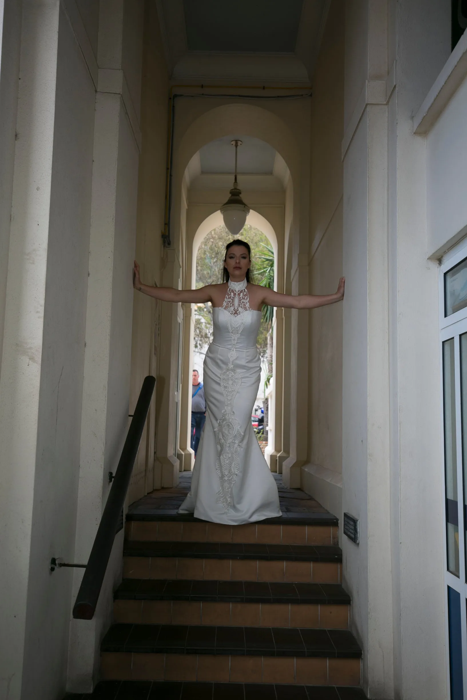 Elegant fishtail dress with sweetheart neckline & halterneck embroidery