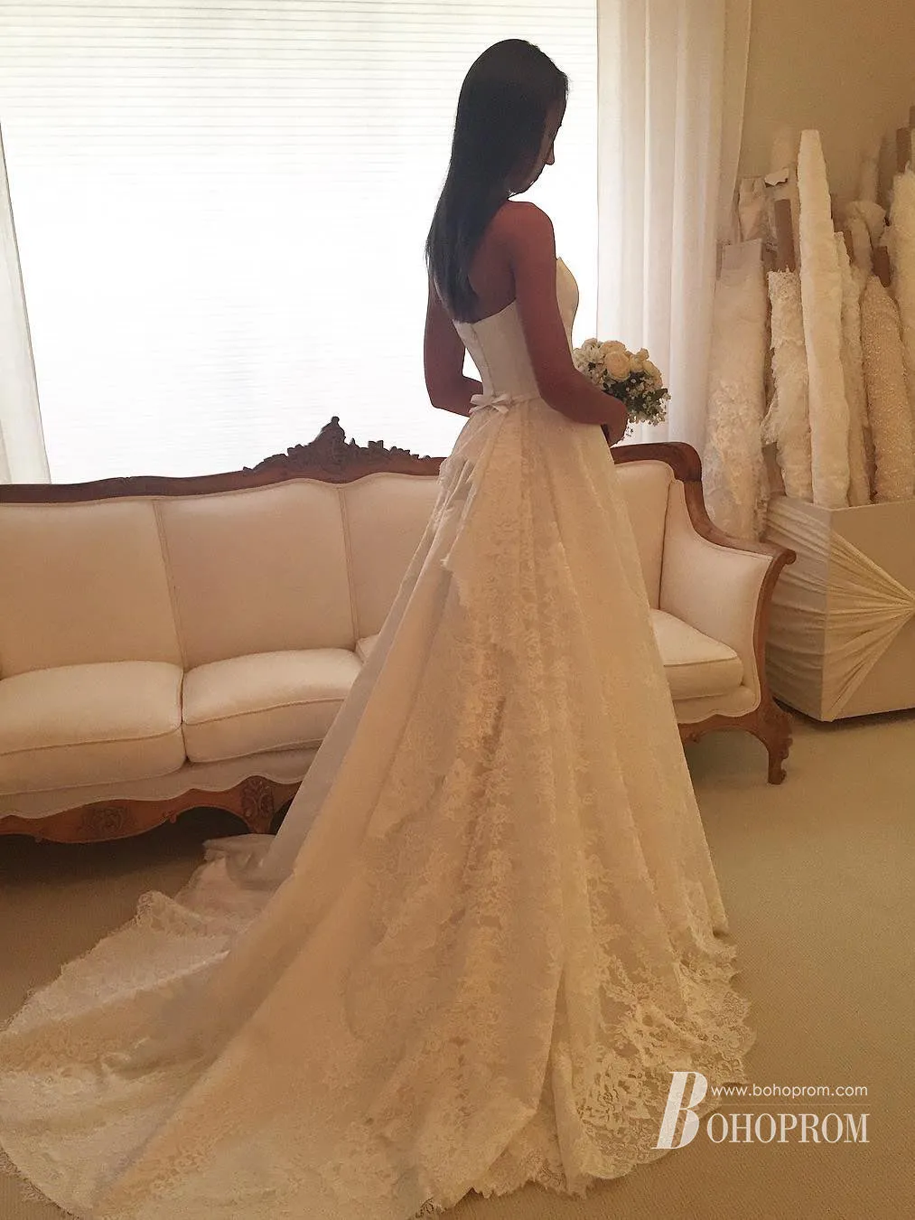 Elegant Floral Lace Sleeveless Satin A-line Wedding Dresses With Belt WD459