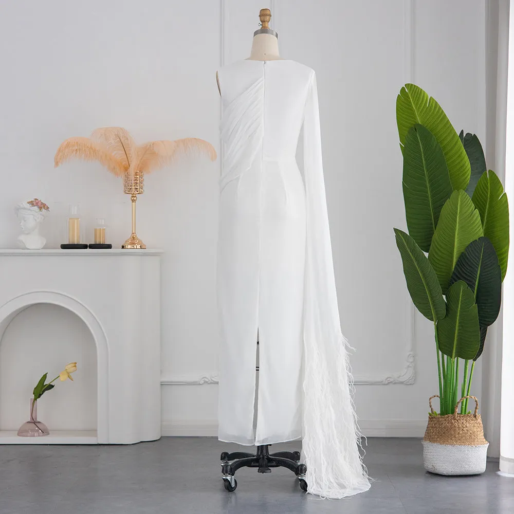 Elegant Light Blue Evening Dresses with Feathers Cape sleeve SS312
