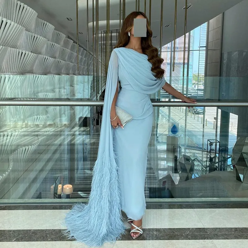 Elegant Light Blue Evening Dresses with Feathers Cape sleeve SS312