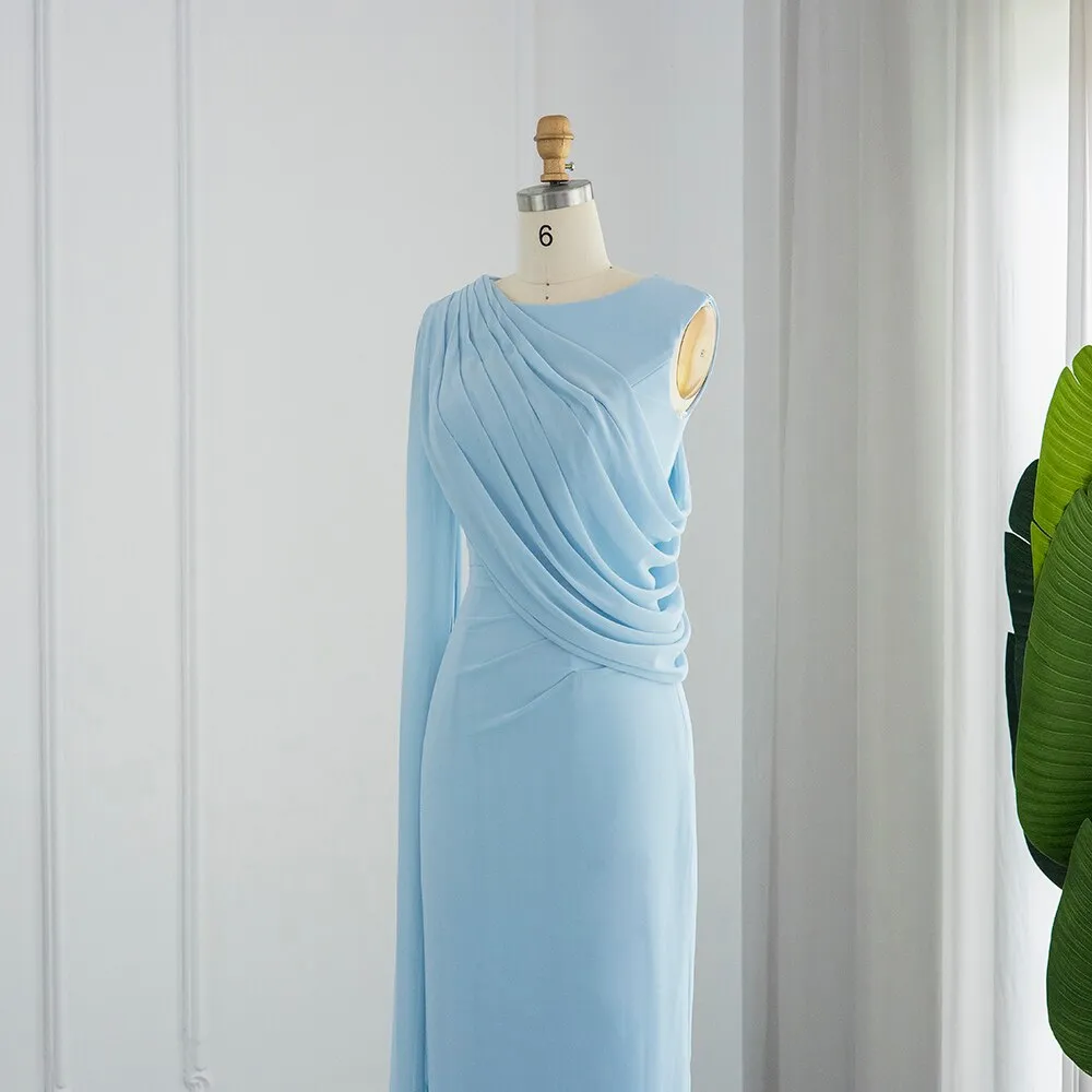 Elegant Light Blue Evening Dresses with Feathers Cape sleeve SS312
