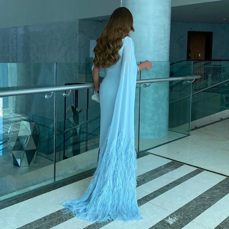 Elegant Light Blue Evening Dresses with Feathers Cape sleeve SS312