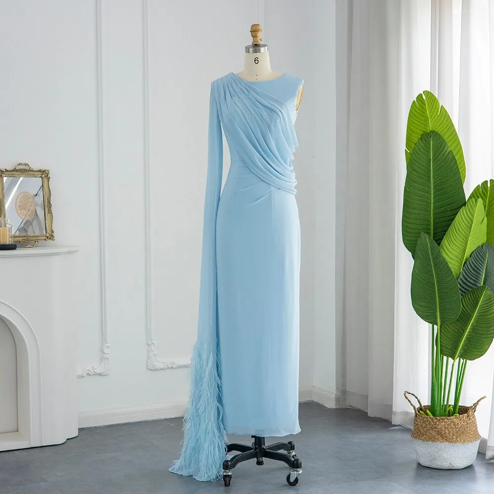 Elegant Light Blue Evening Dresses with Feathers Cape sleeve SS312