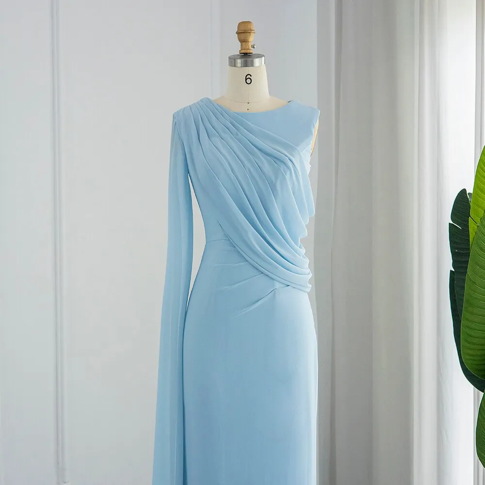 Elegant Light Blue Evening Dresses with Feathers Cape sleeve SS312
