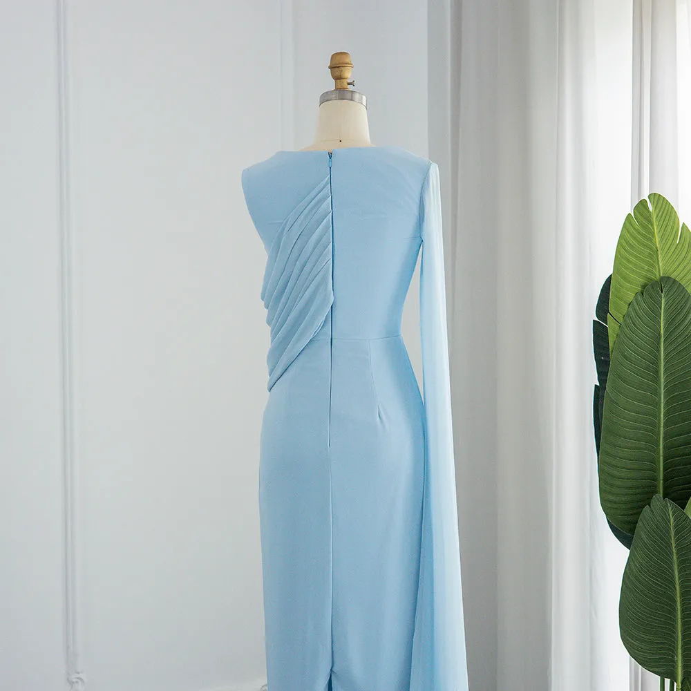 Elegant Light Blue Evening Dresses with Feathers Cape sleeve SS312
