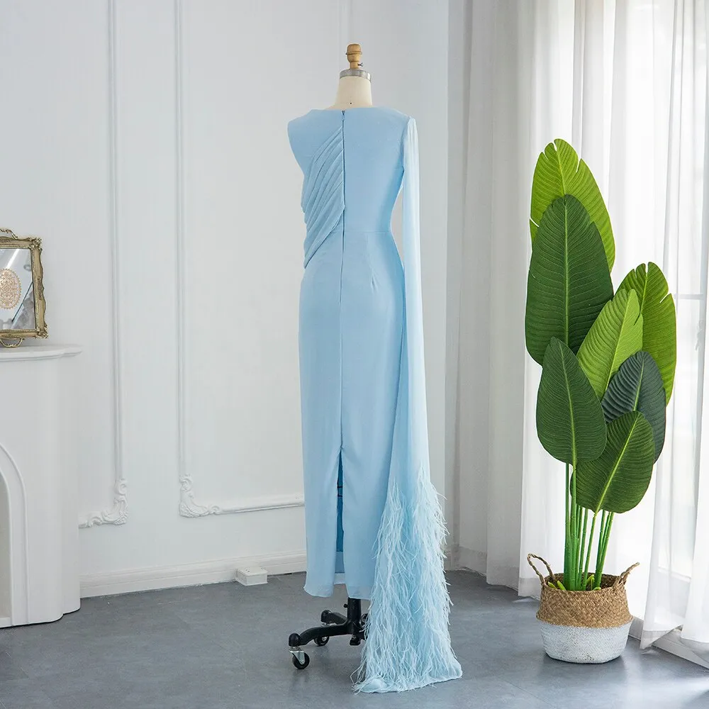 Elegant Light Blue Evening Dresses with Feathers Cape sleeve SS312
