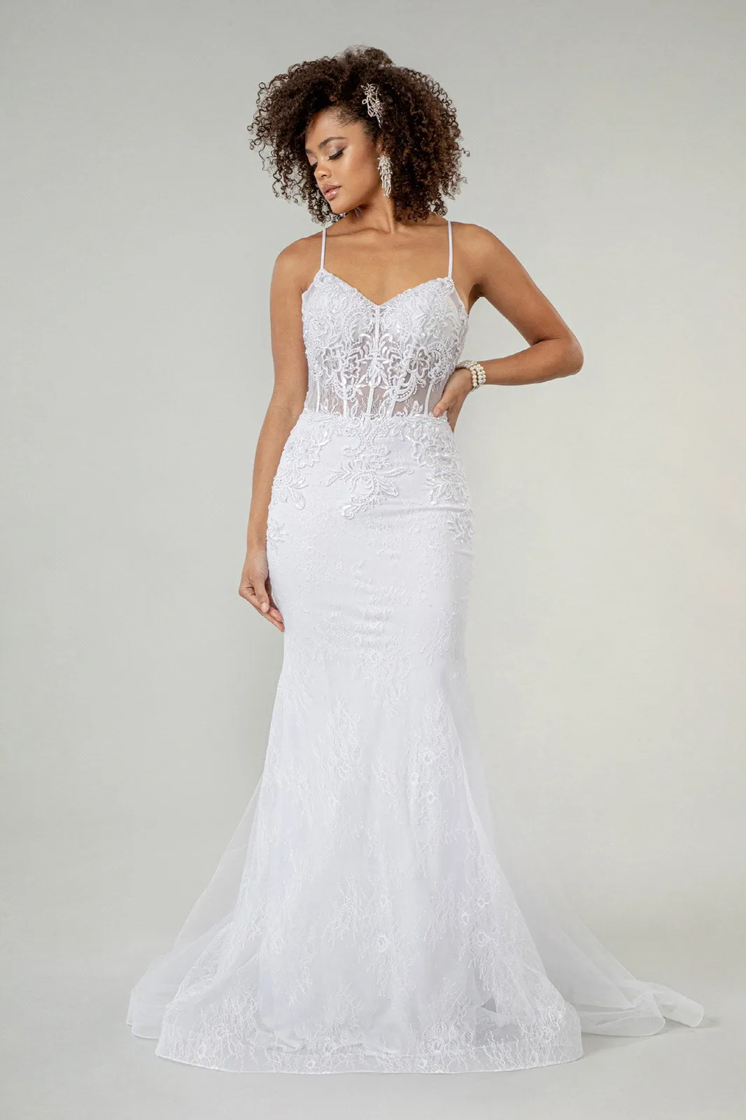 Embroidered Sheer Bodice Mermaid Wedding Gown Lace Up Back - Mask Not Included GLGL1947