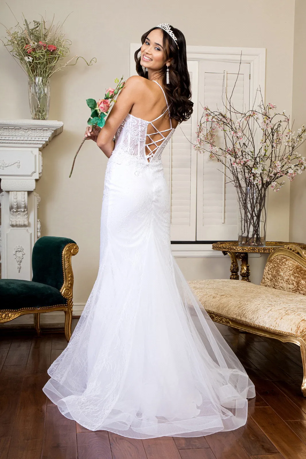 Embroidered Sheer Bodice Mermaid Wedding Gown Lace Up Back - Mask Not Included GLGL1947