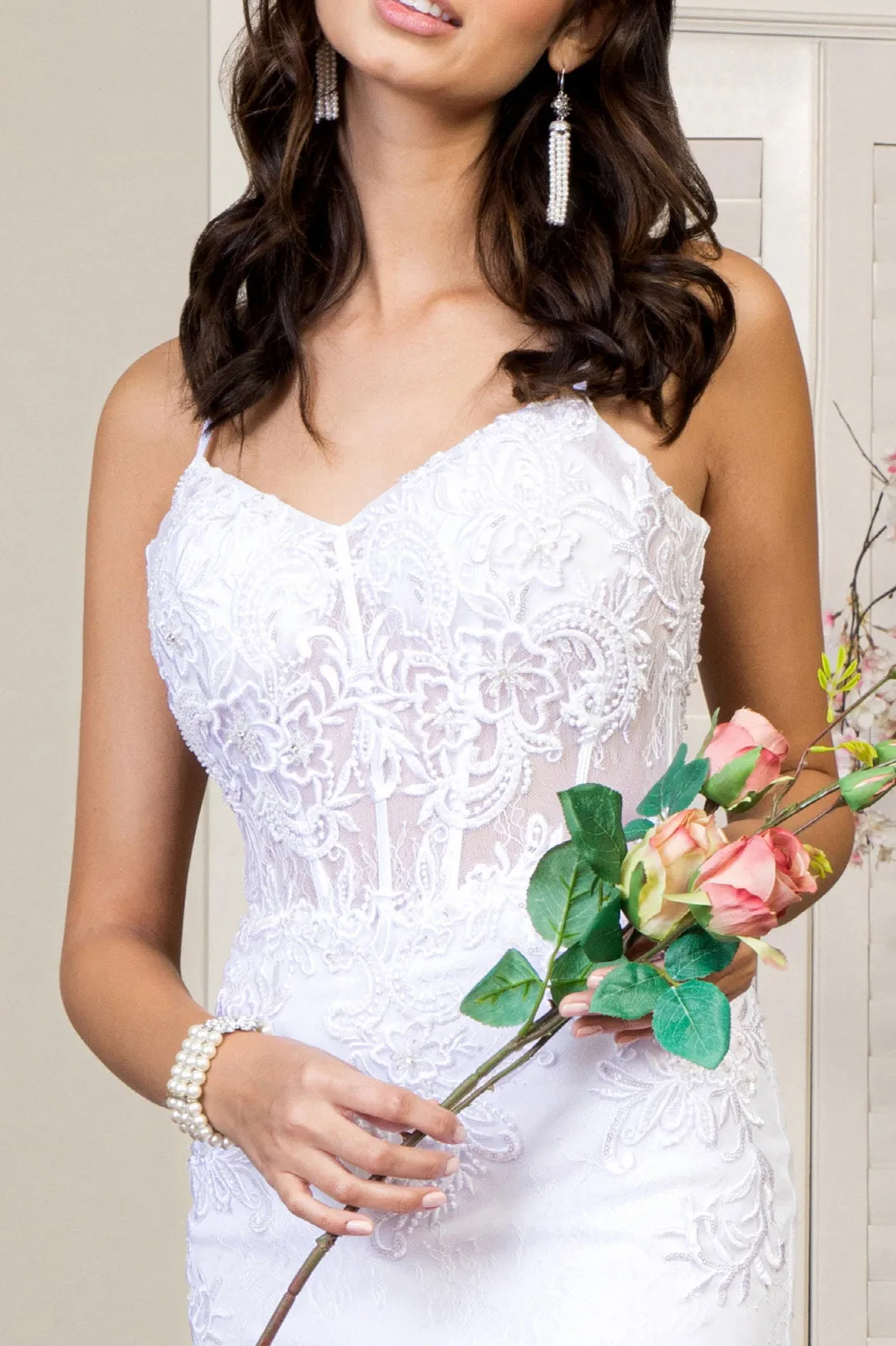 Embroidered Sheer Bodice Mermaid Wedding Gown Lace Up Back - Mask Not Included GLGL1947