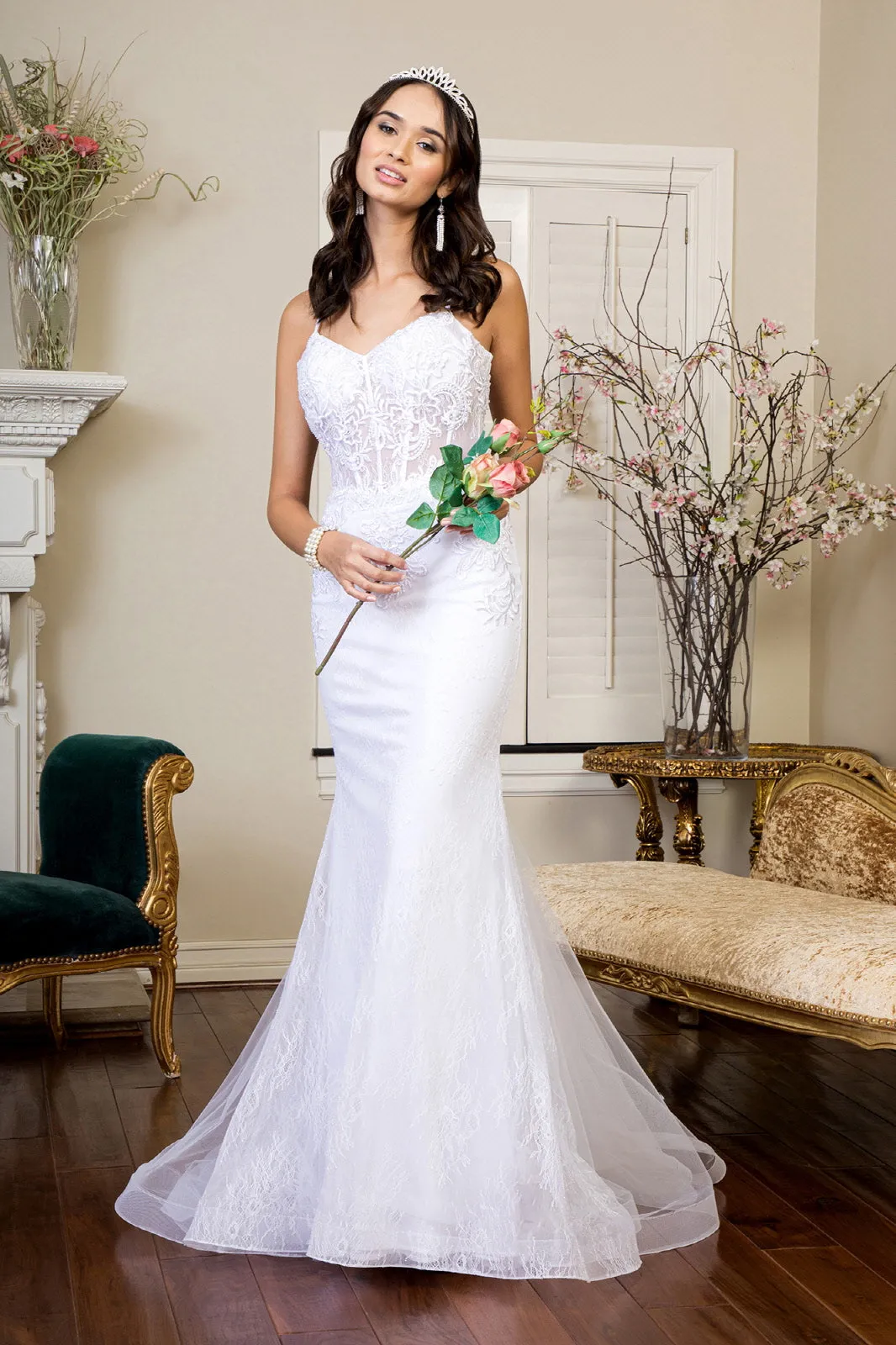 Embroidered Sheer Bodice Mermaid Wedding Gown Lace Up Back - Mask Not Included GLGL1947