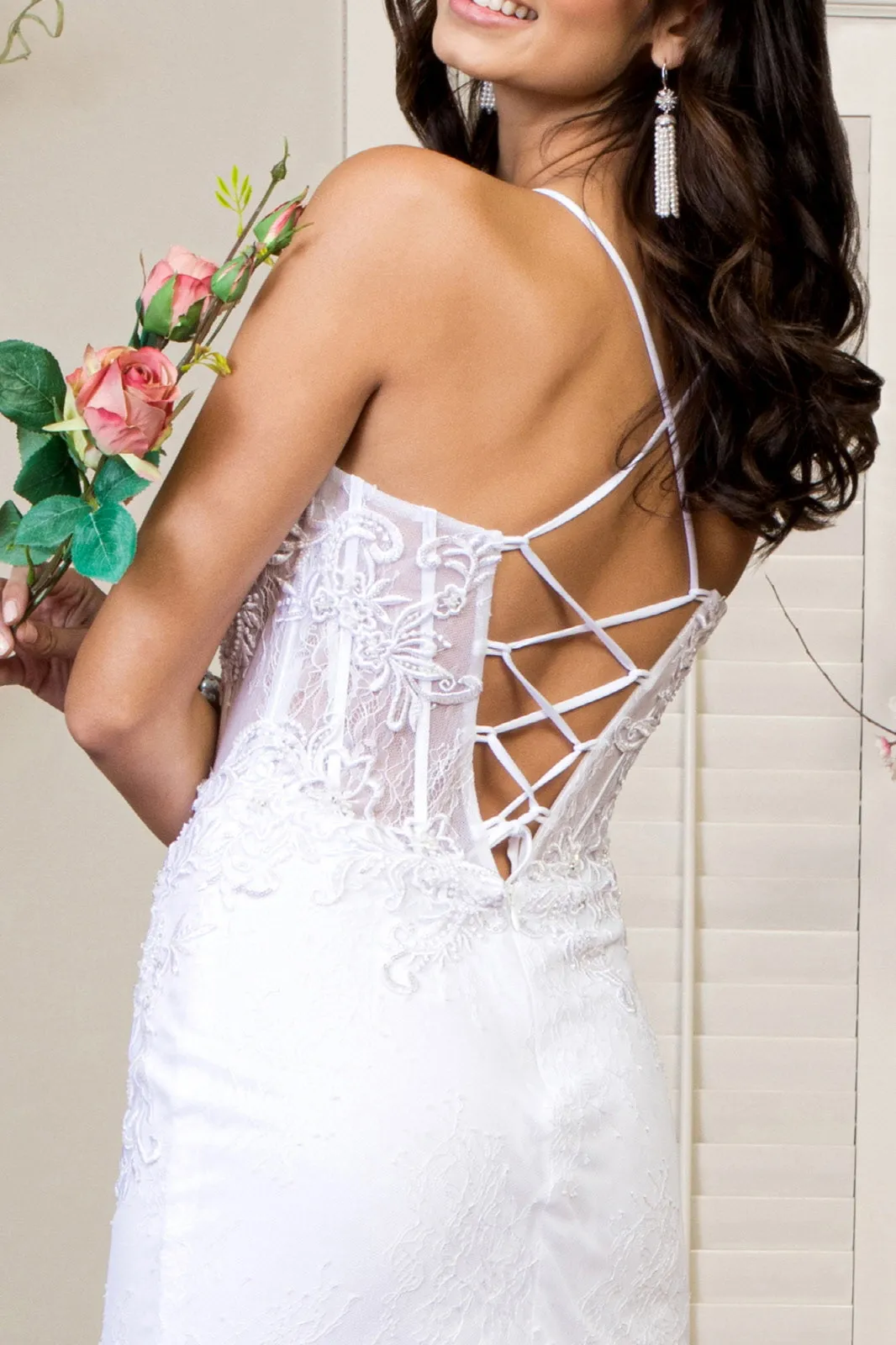 Embroidered Sheer Bodice Mermaid Wedding Gown Lace Up Back - Mask Not Included GLGL1947