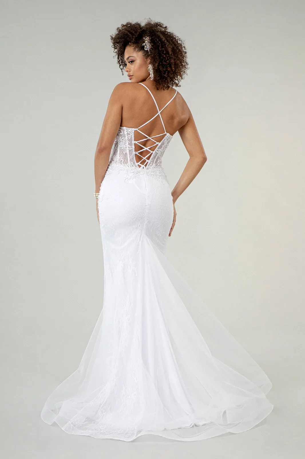 Embroidered Sheer Bodice Mermaid Wedding Gown Lace Up Back - Mask Not Included GLGL1947