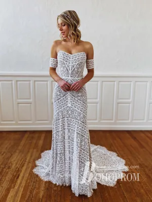 Fashion Boho Lace Sweetheart Neckline Sweep Train Sheath Wedding Dresses WD664
