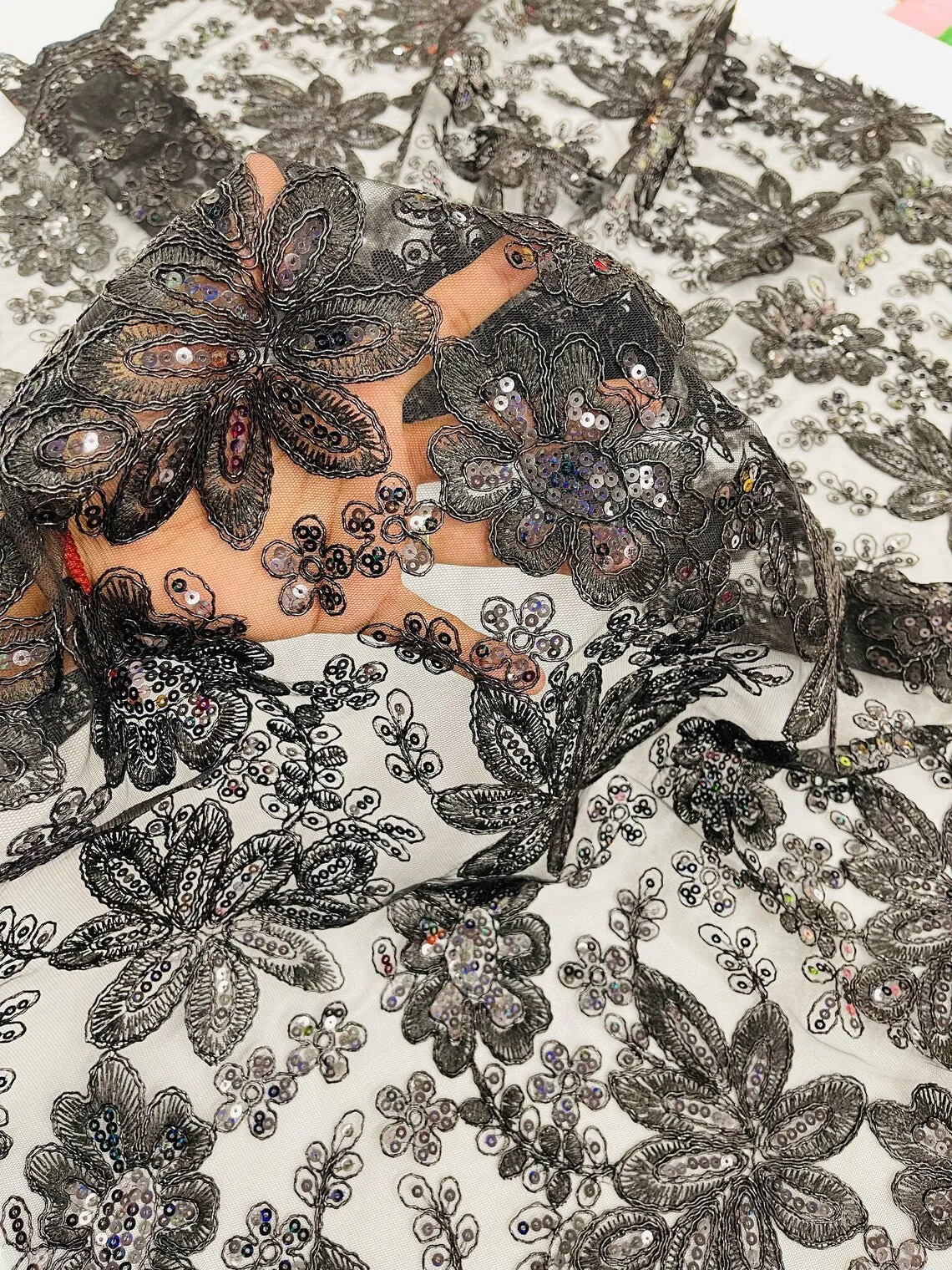 Floral Hologram Sequins Metallic Thread Fabric - Corded Lace Floral Fabric by Yard