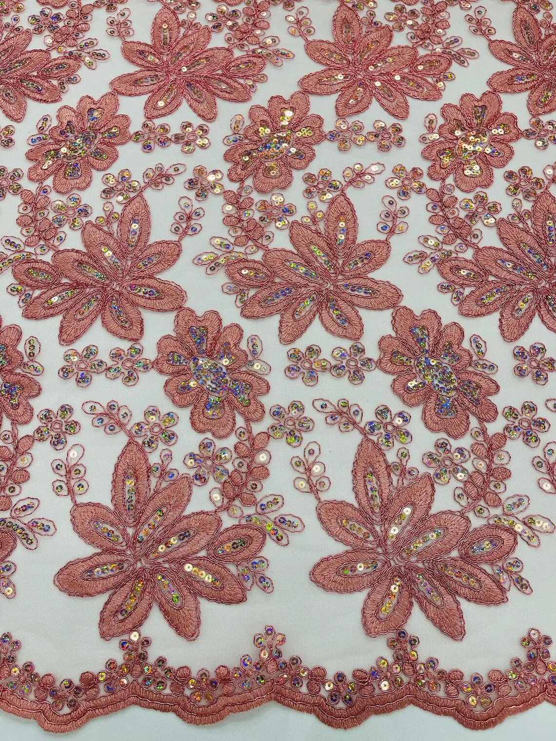 Floral Hologram Sequins Metallic Thread Fabric - Corded Lace Floral Fabric by Yard