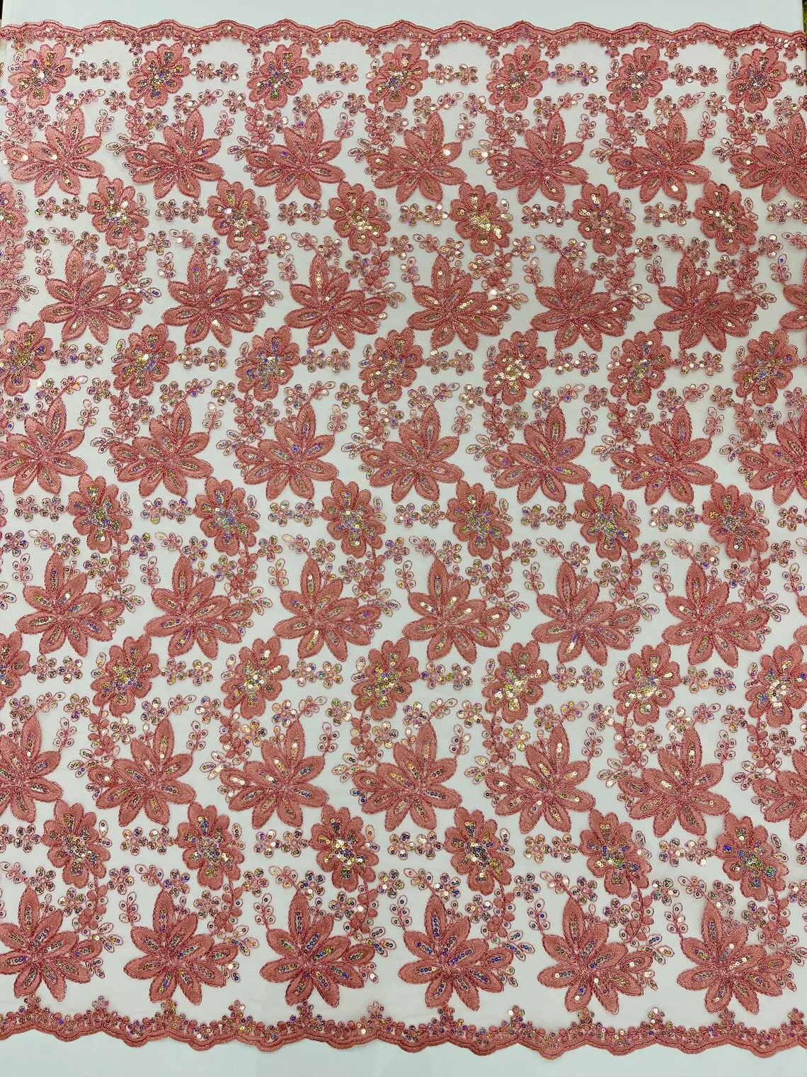 Floral Hologram Sequins Metallic Thread Fabric - Corded Lace Floral Fabric by Yard