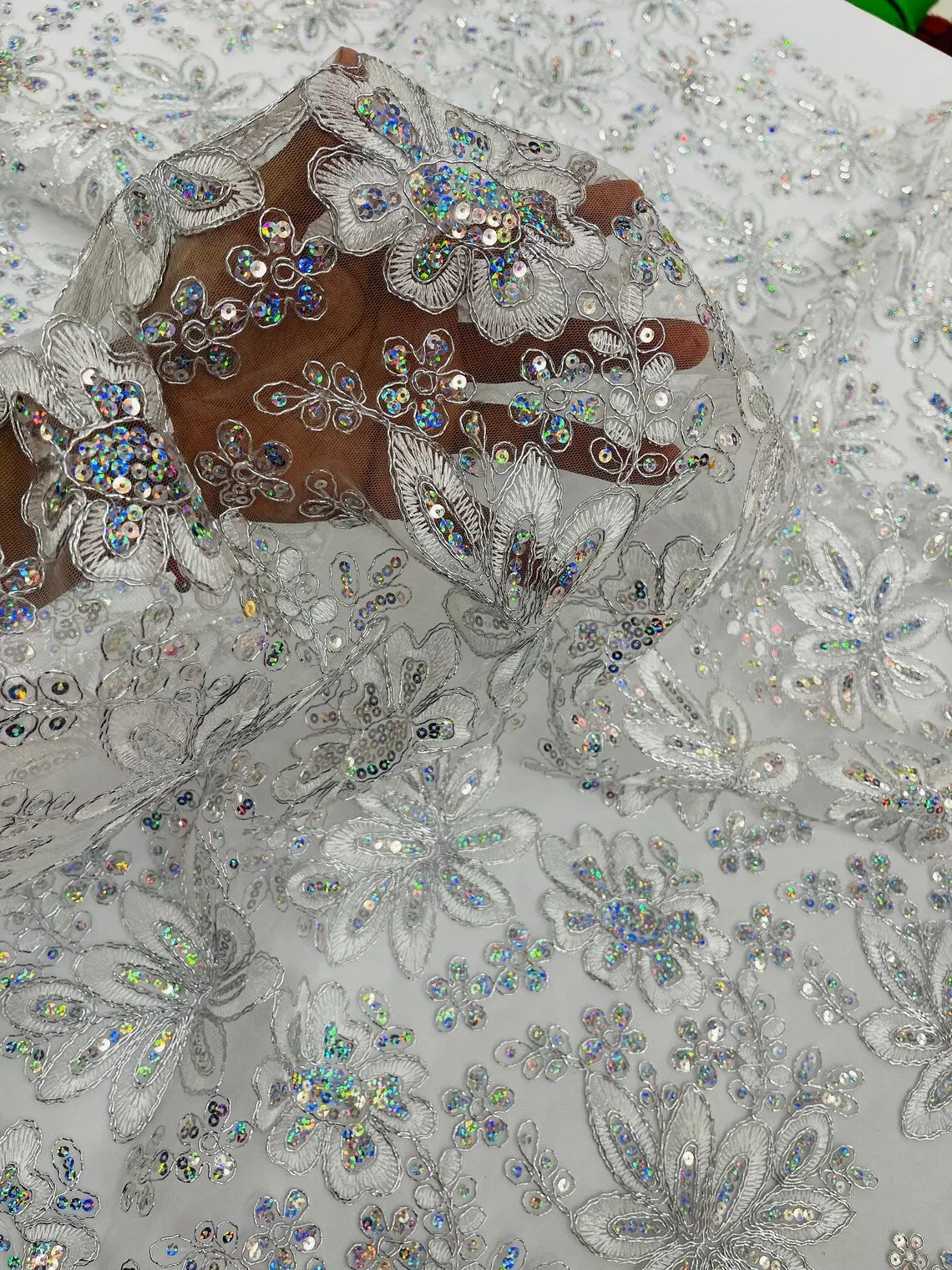 Floral Hologram Sequins Metallic Thread Fabric - Corded Lace Floral Fabric by Yard