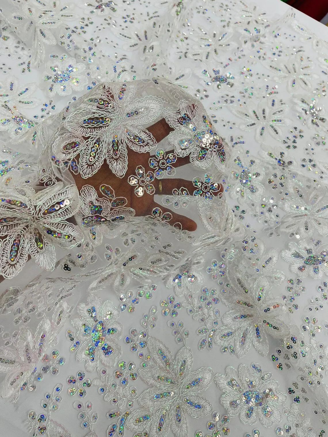 Floral Hologram Sequins Metallic Thread Fabric - Corded Lace Floral Fabric by Yard