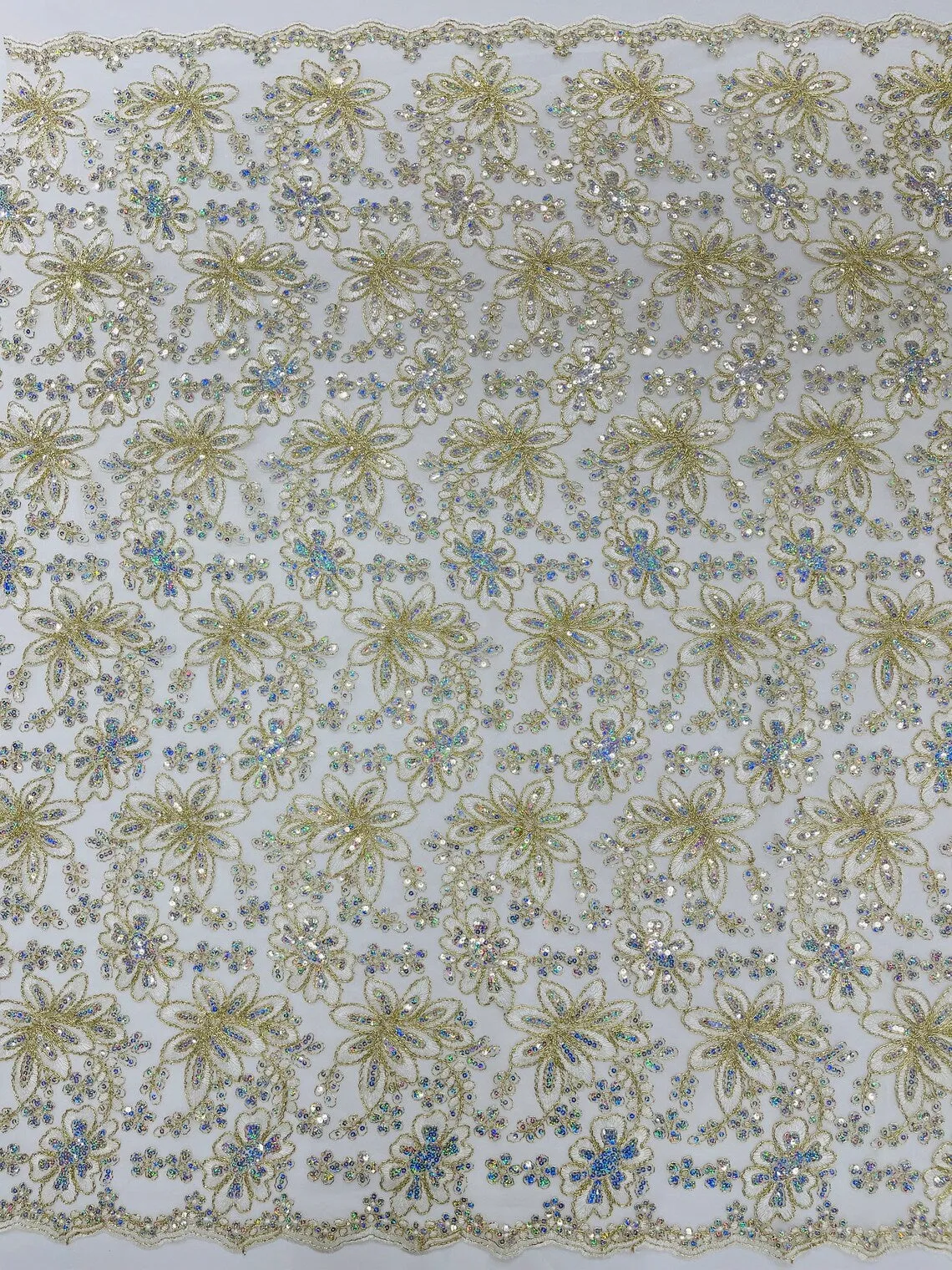 Floral Hologram Sequins Metallic Thread Fabric - Corded Lace Floral Fabric by Yard