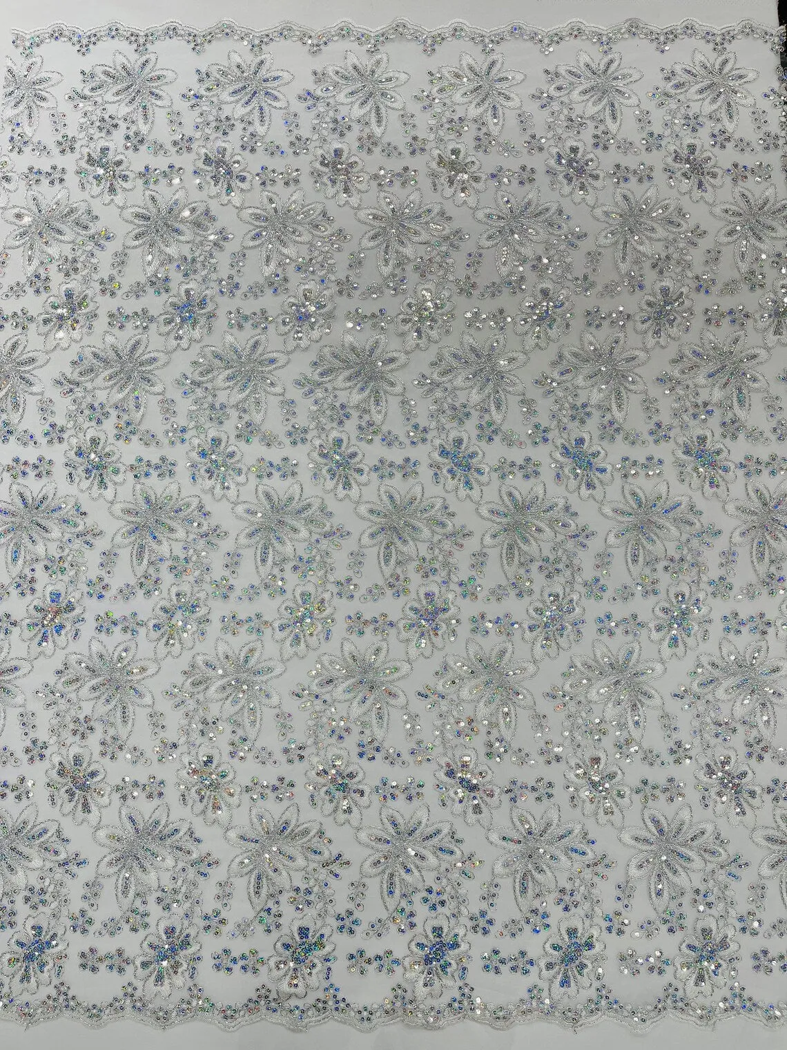 Floral Hologram Sequins Metallic Thread Fabric - Corded Lace Floral Fabric by Yard