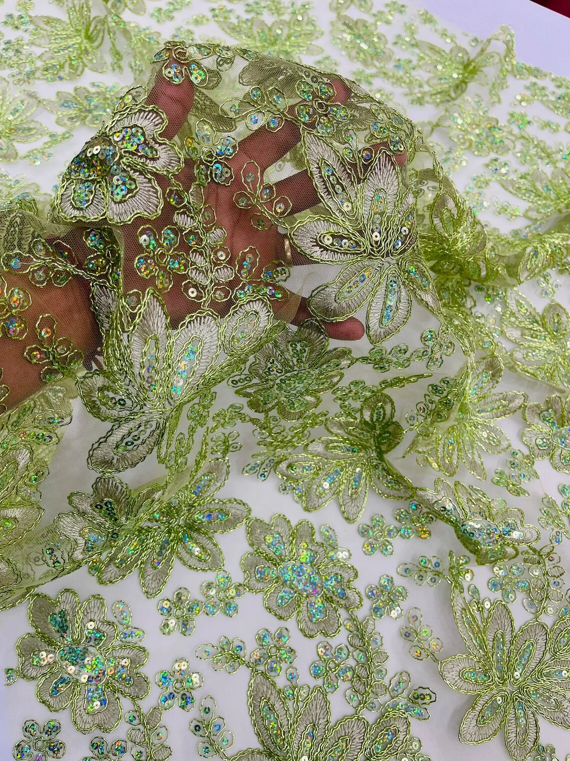Floral Hologram Sequins Metallic Thread Fabric - Corded Lace Floral Fabric by Yard