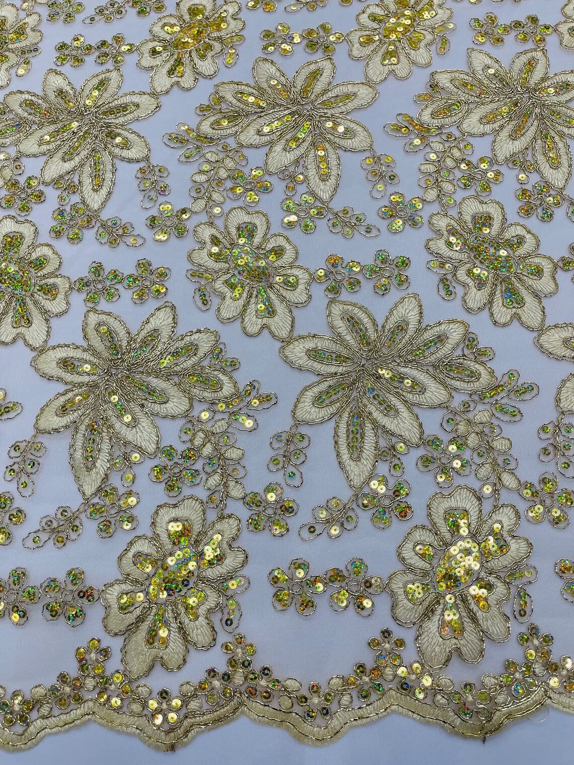 Floral Hologram Sequins Metallic Thread Fabric - Corded Lace Floral Fabric by Yard