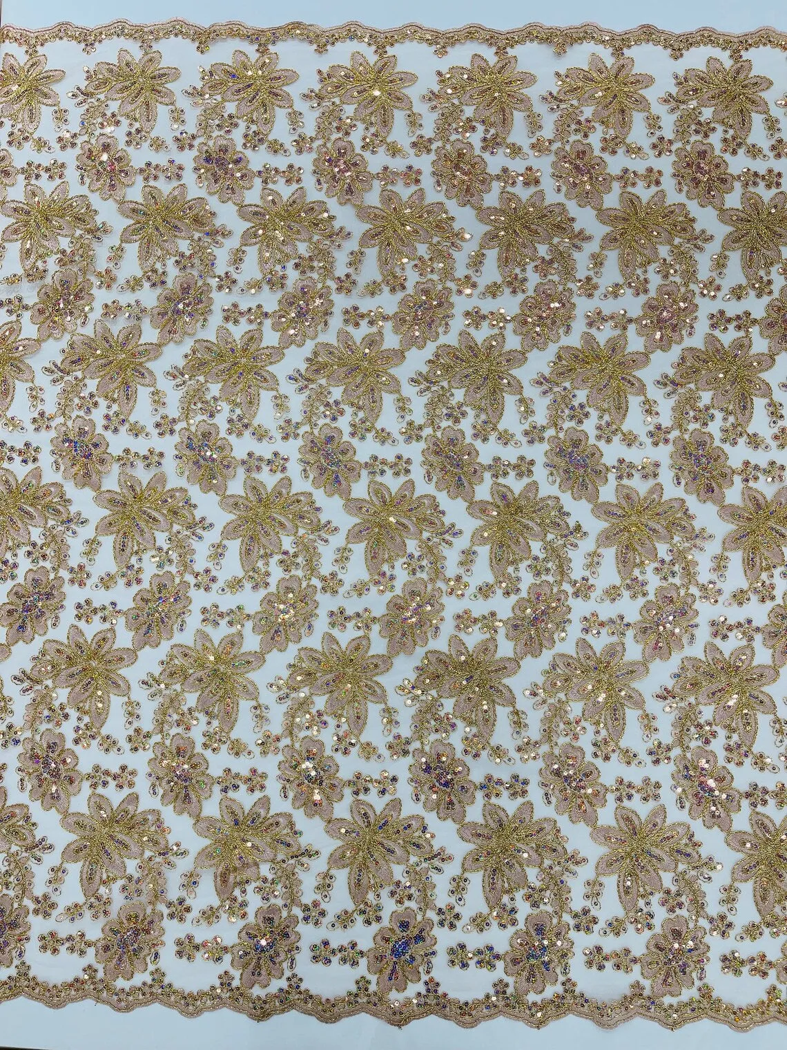 Floral Hologram Sequins Metallic Thread Fabric - Corded Lace Floral Fabric by Yard