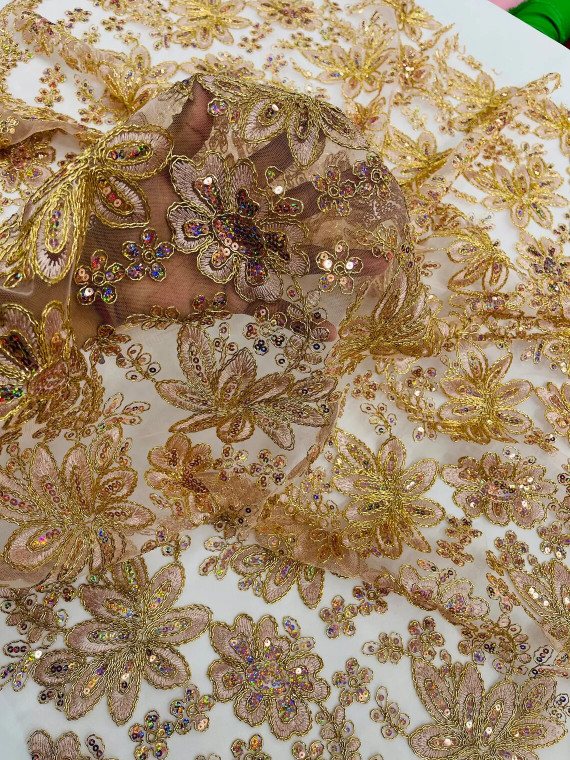 Floral Hologram Sequins Metallic Thread Fabric - Corded Lace Floral Fabric by Yard