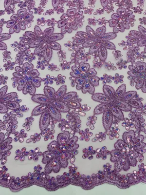 Floral Hologram Sequins Metallic Thread Fabric - Corded Lace Floral Fabric by Yard