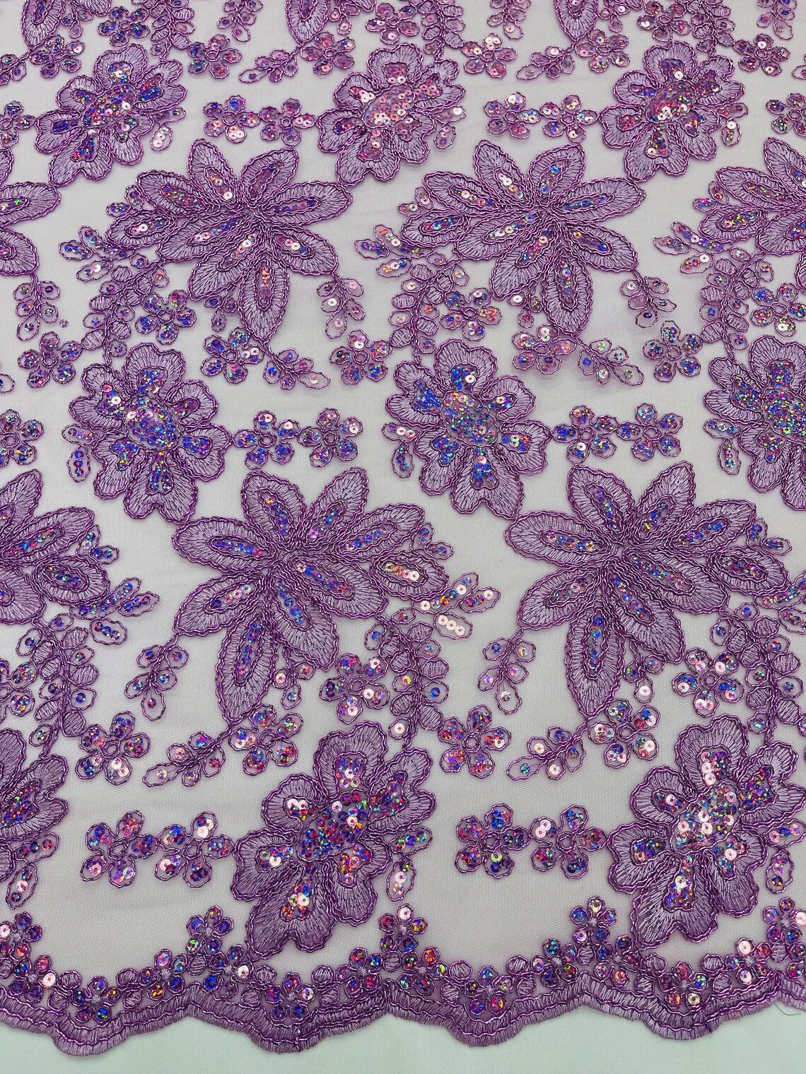Floral Hologram Sequins Metallic Thread Fabric - Corded Lace Floral Fabric by Yard
