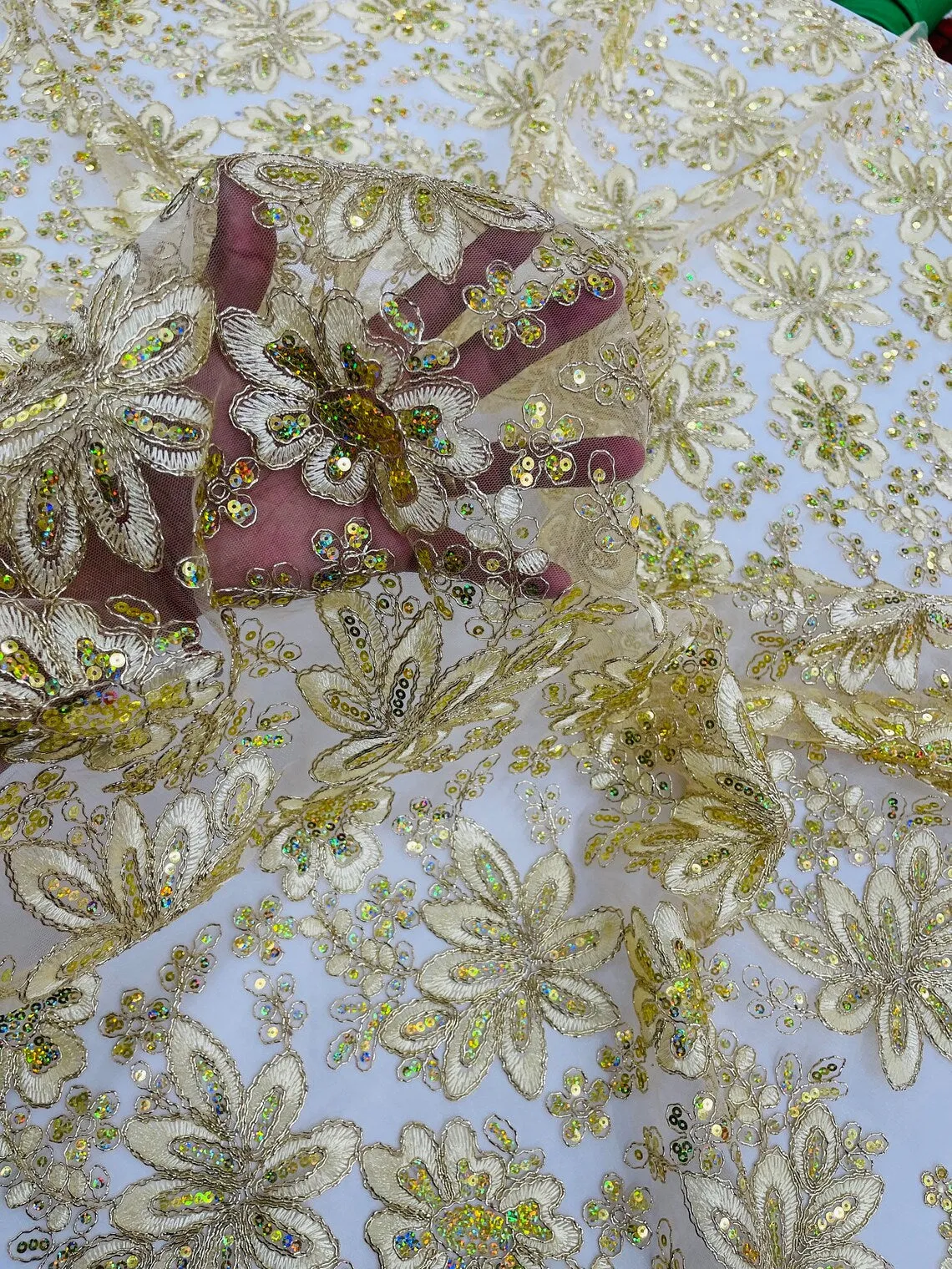 Floral Hologram Sequins Metallic Thread Fabric - Corded Lace Floral Fabric by Yard