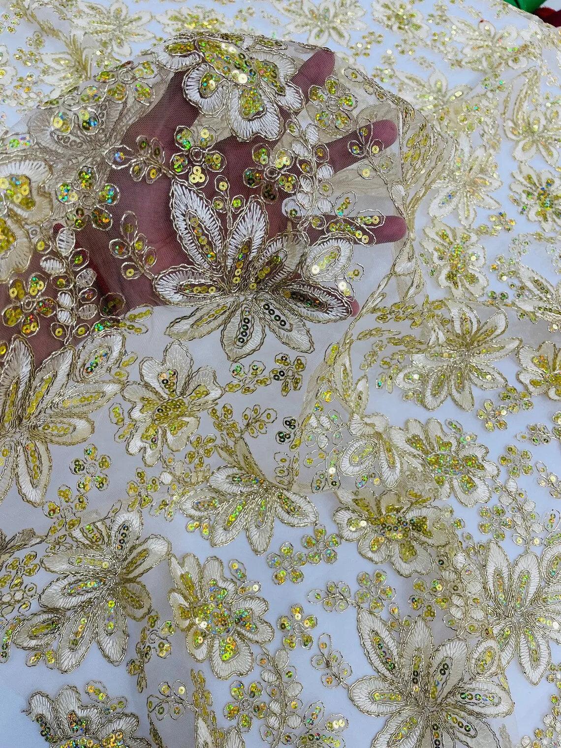 Floral Hologram Sequins Metallic Thread Fabric - Corded Lace Floral Fabric by Yard