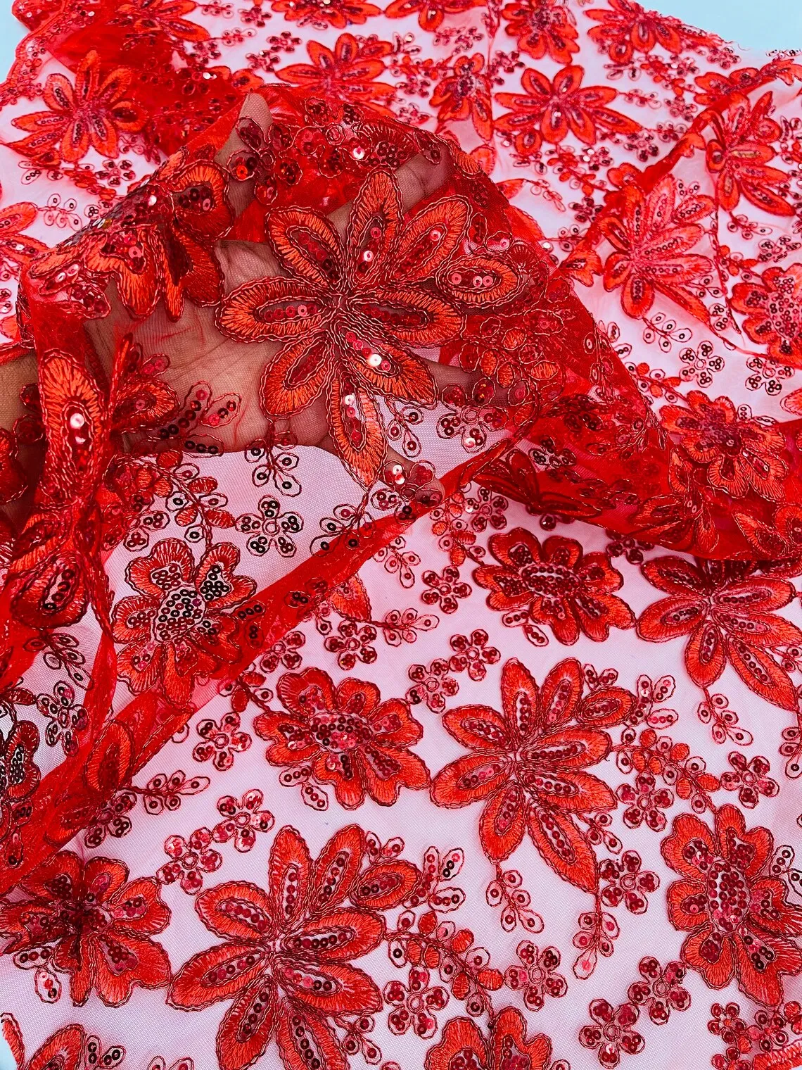 Floral Hologram Sequins Metallic Thread Fabric - Corded Lace Floral Fabric by Yard