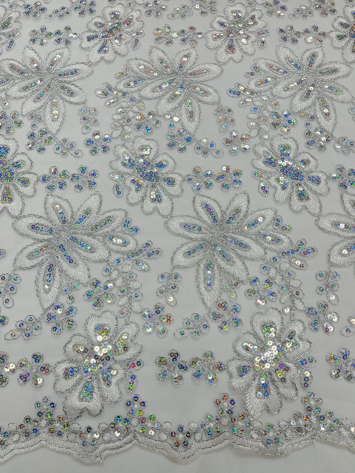 Floral Hologram Sequins Metallic Thread Fabric - Corded Lace Floral Fabric by Yard
