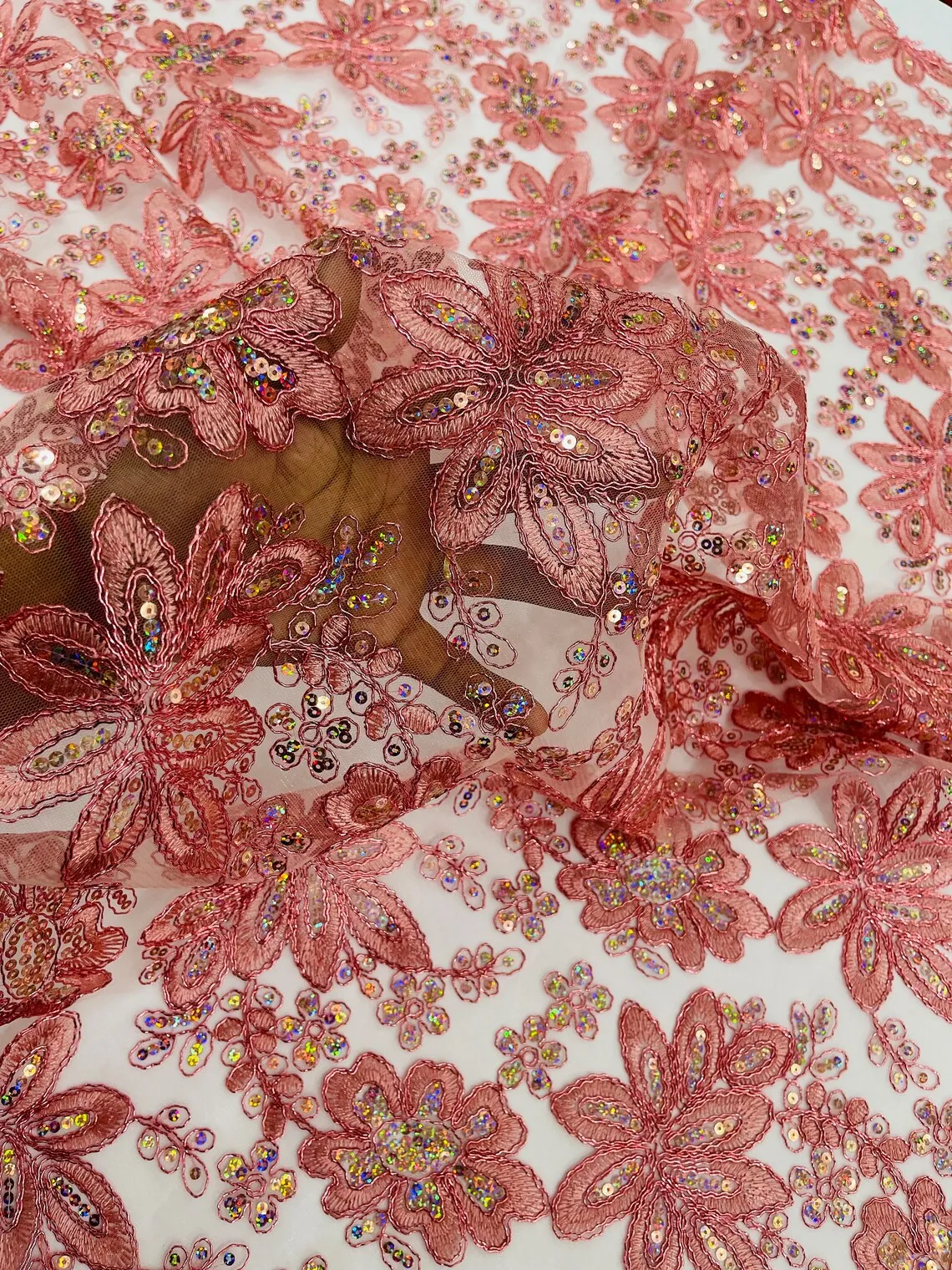 Floral Hologram Sequins Metallic Thread Fabric - Corded Lace Floral Fabric by Yard