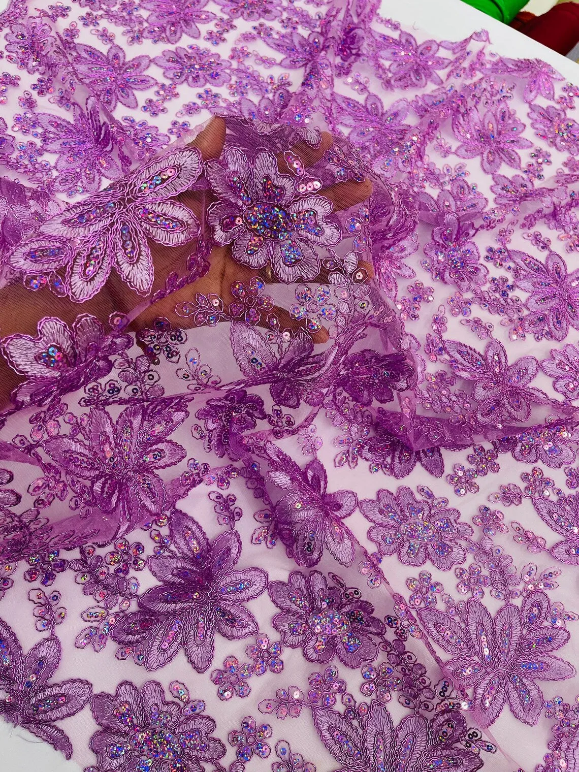 Floral Hologram Sequins Metallic Thread Fabric - Corded Lace Floral Fabric by Yard