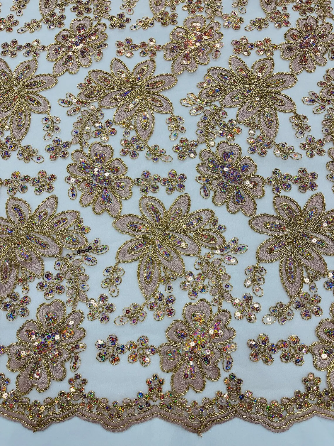Floral Hologram Sequins Metallic Thread Fabric - Corded Lace Floral Fabric by Yard