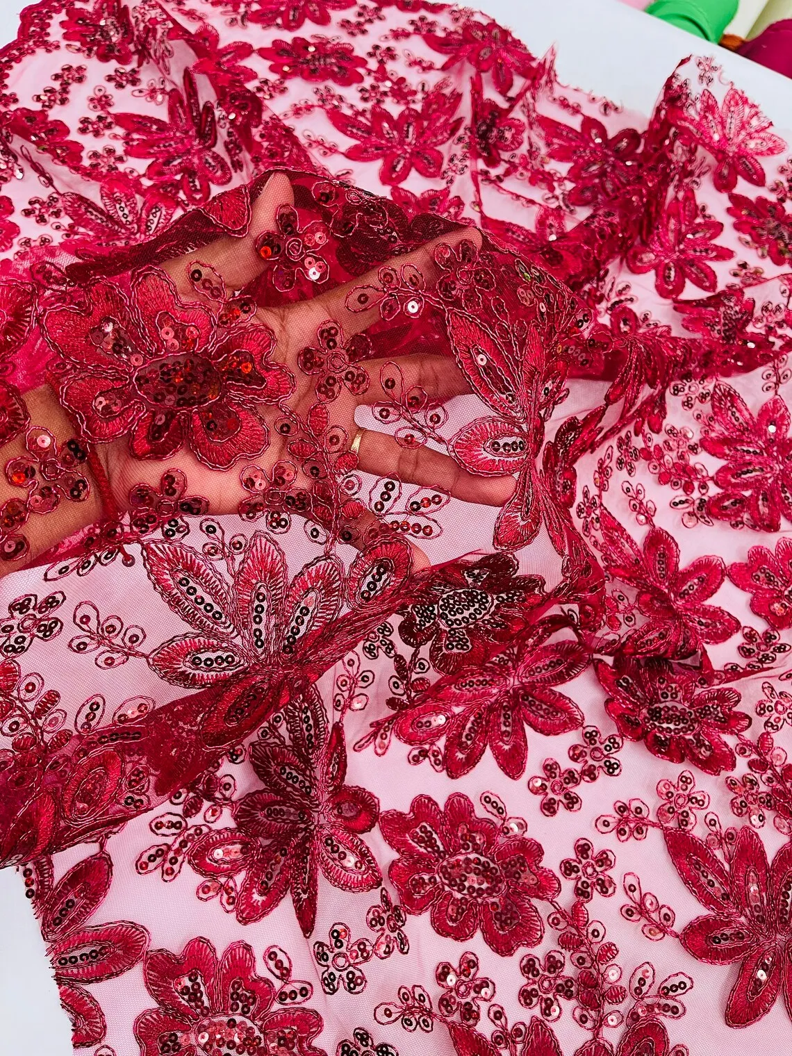 Floral Hologram Sequins Metallic Thread Fabric - Corded Lace Floral Fabric by Yard