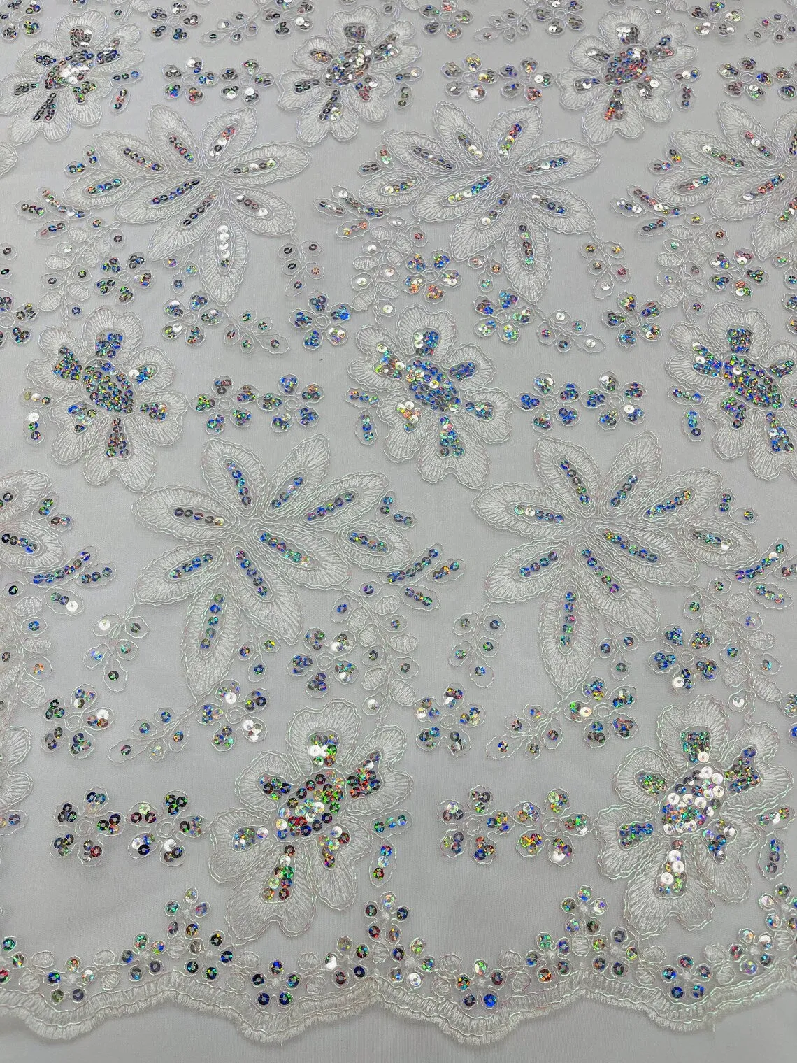 Floral Hologram Sequins Metallic Thread Fabric - Corded Lace Floral Fabric by Yard