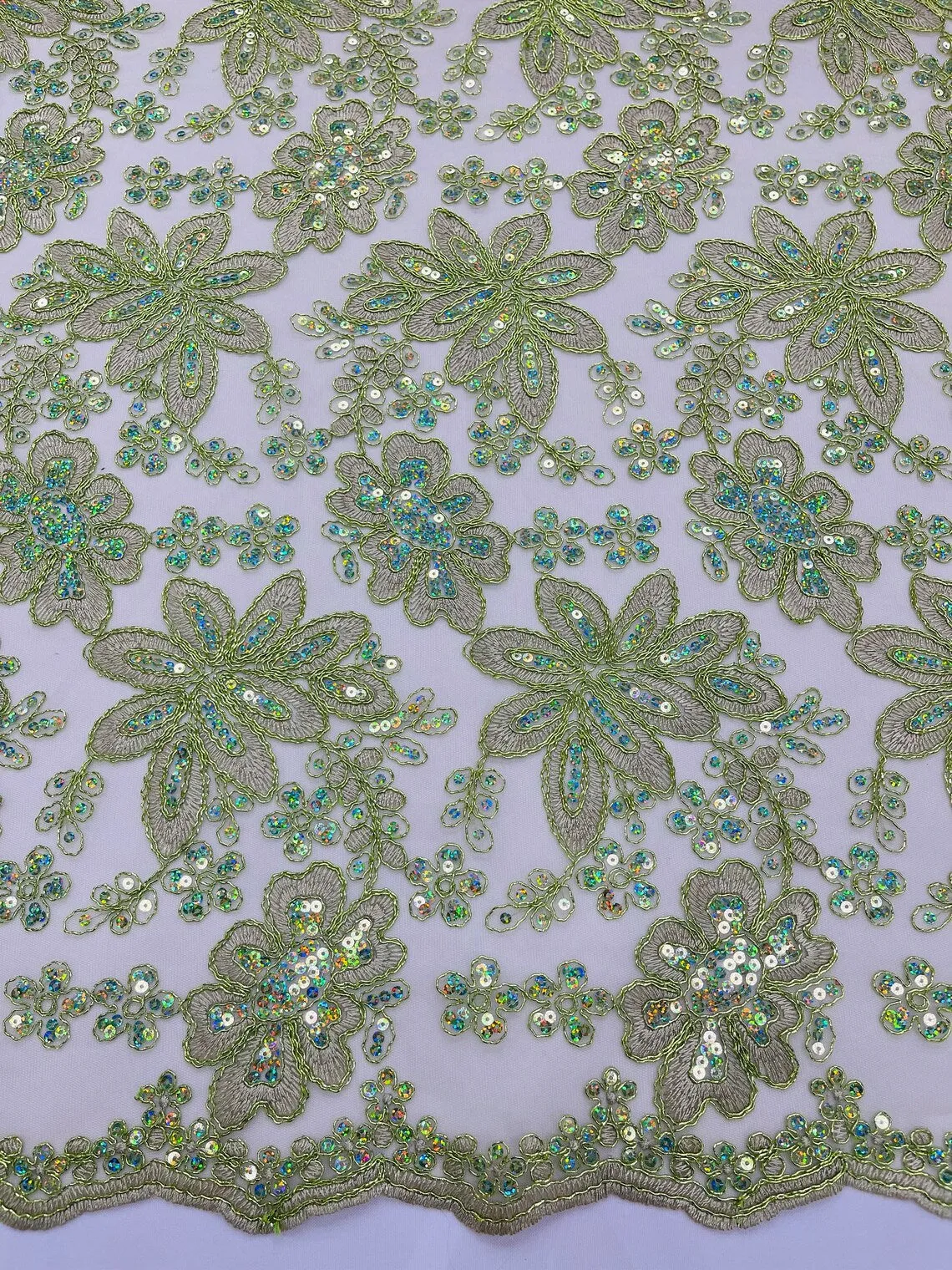 Floral Hologram Sequins Metallic Thread Fabric - Corded Lace Floral Fabric by Yard