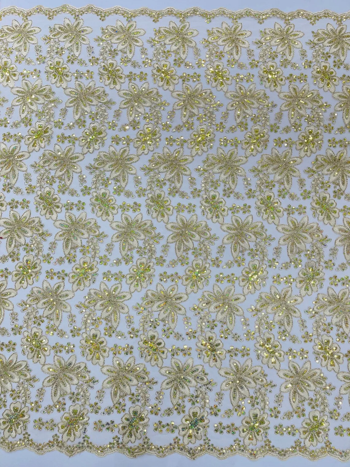 Floral Hologram Sequins Metallic Thread Fabric - Corded Lace Floral Fabric by Yard