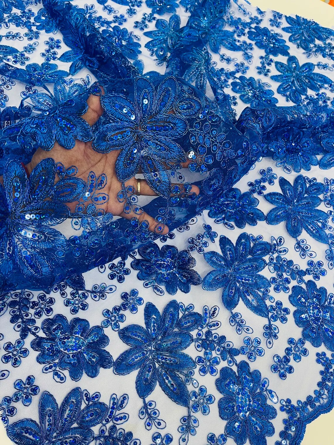 Floral Hologram Sequins Metallic Thread Fabric - Corded Lace Floral Fabric by Yard