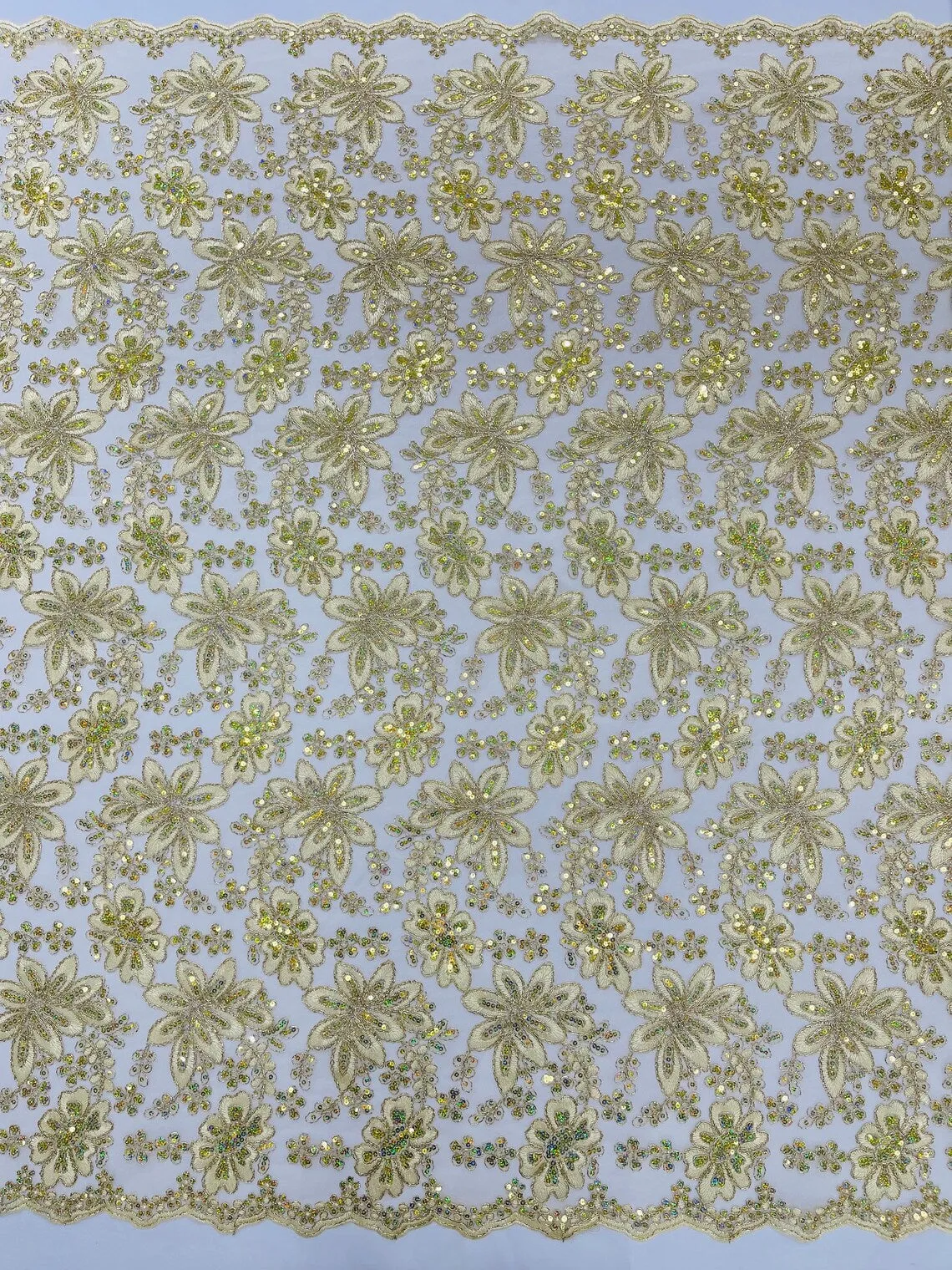 Floral Hologram Sequins Metallic Thread Fabric - Corded Lace Floral Fabric by Yard