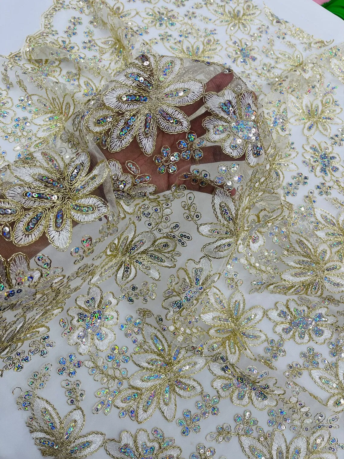 Floral Hologram Sequins Metallic Thread Fabric - Corded Lace Floral Fabric by Yard