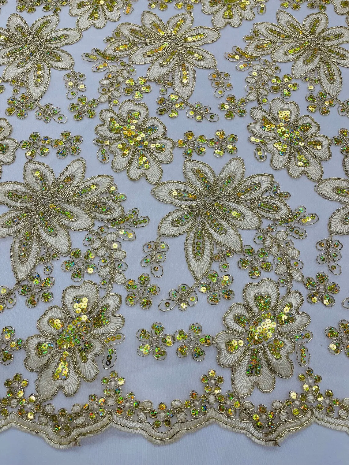 Floral Hologram Sequins Metallic Thread Fabric - Corded Lace Floral Fabric by Yard