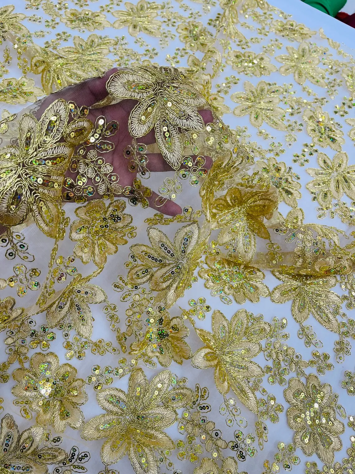 Floral Hologram Sequins Metallic Thread Fabric - Corded Lace Floral Fabric by Yard