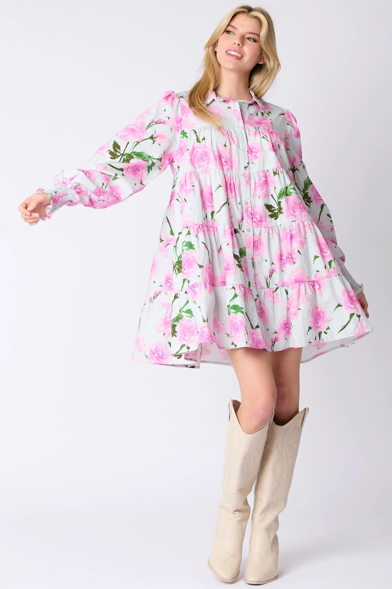 Floral Printed Button Down Shirt Mini Dress